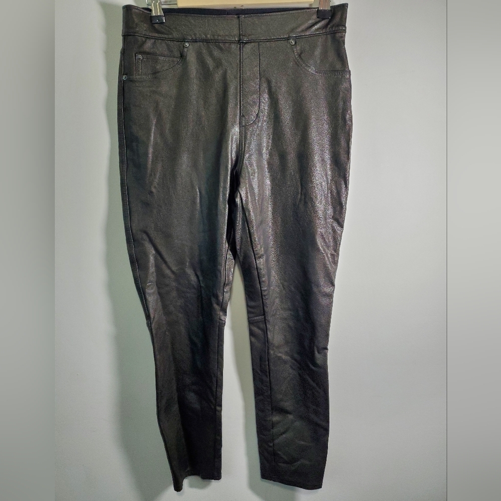 Spanx Faux Leather Leggings With A Metallic/Chrome Shimmer Medium Petite